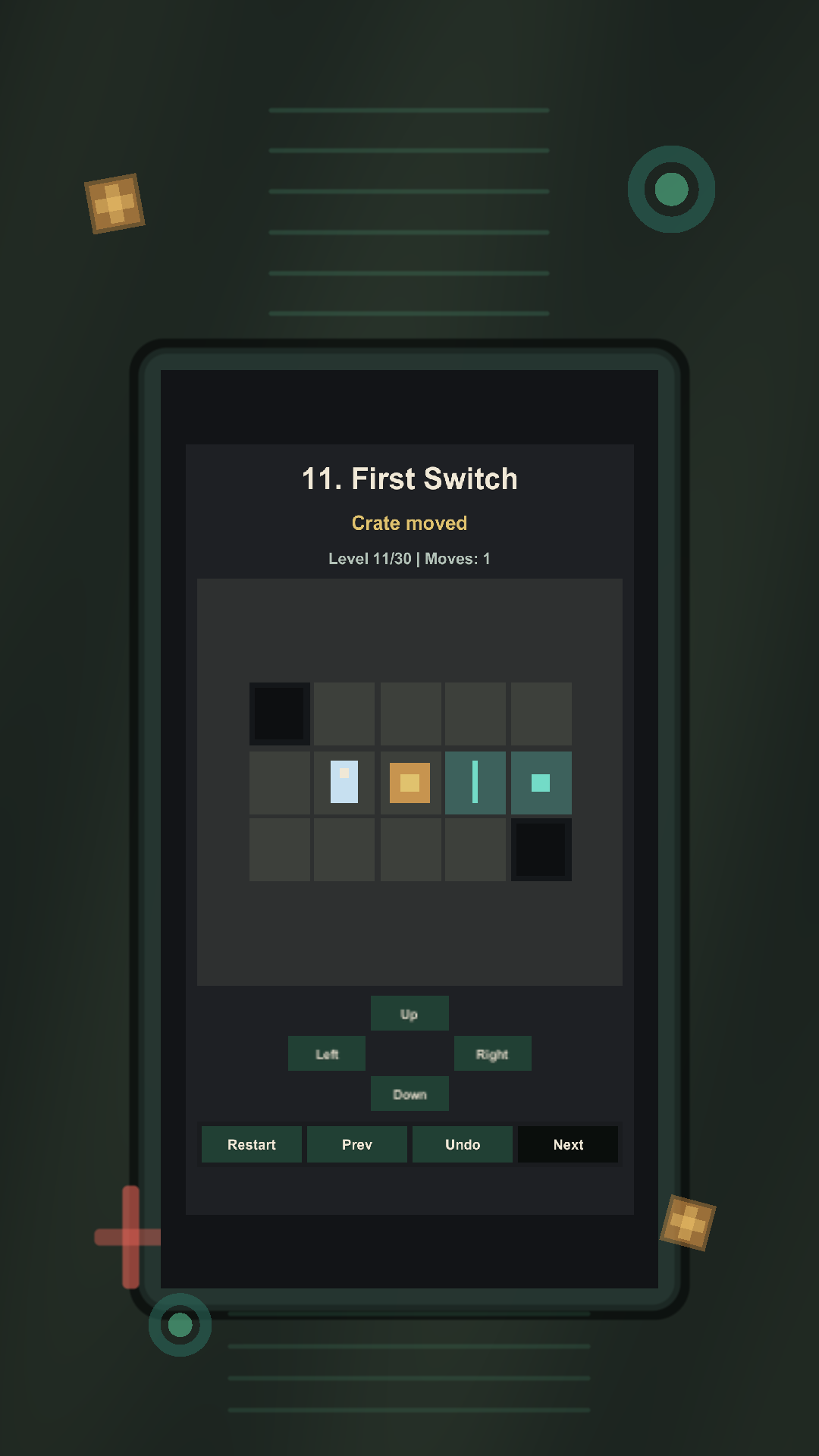 Pocket Push gameplay screenshot showing crates, pockets, switches, and gates